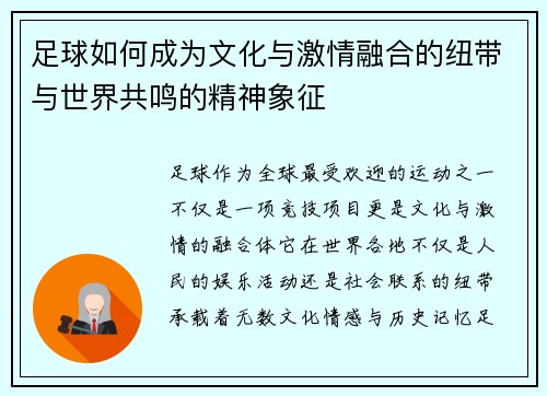 足球如何成为文化与激情融合的纽带与世界共鸣的精神象征